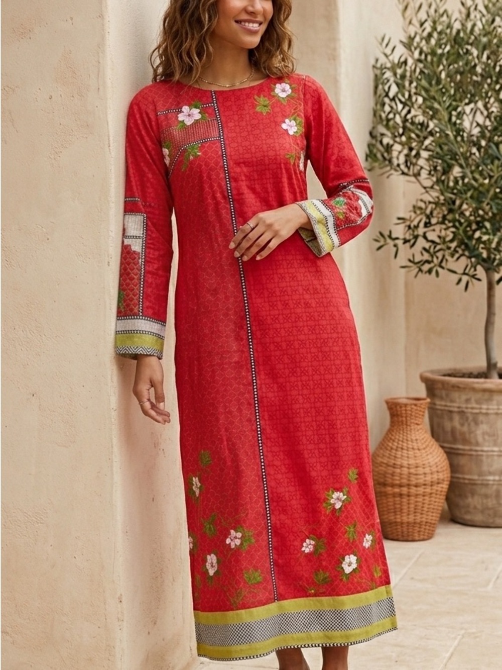 WISHFUL by W Red Floral Viscose Kurta Maxi Dress Geometric Border Size 10 Boho